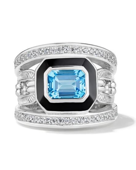 Judith Ripka Sterling Silver Blue Topaz & Diamond "Adrienne" Wide Band Ring