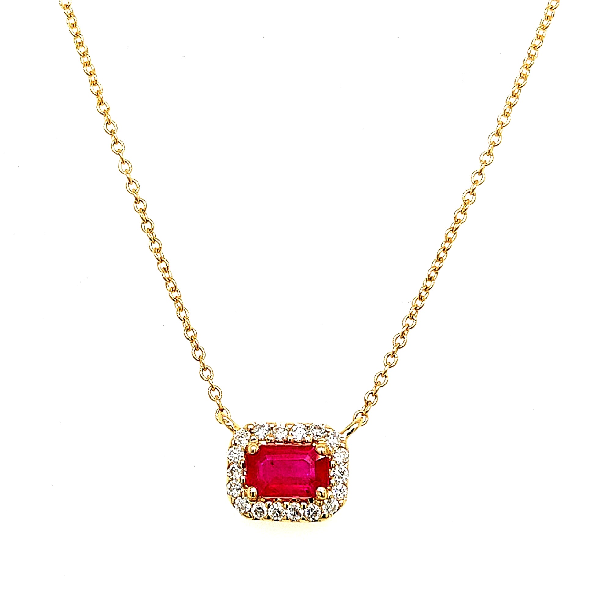 14K Yellow Gold Ruby & Diamond Halo Necklace