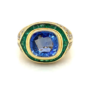 18K Yellow Gold & Ceylon Sapphire, Emerald & Diamond Ring