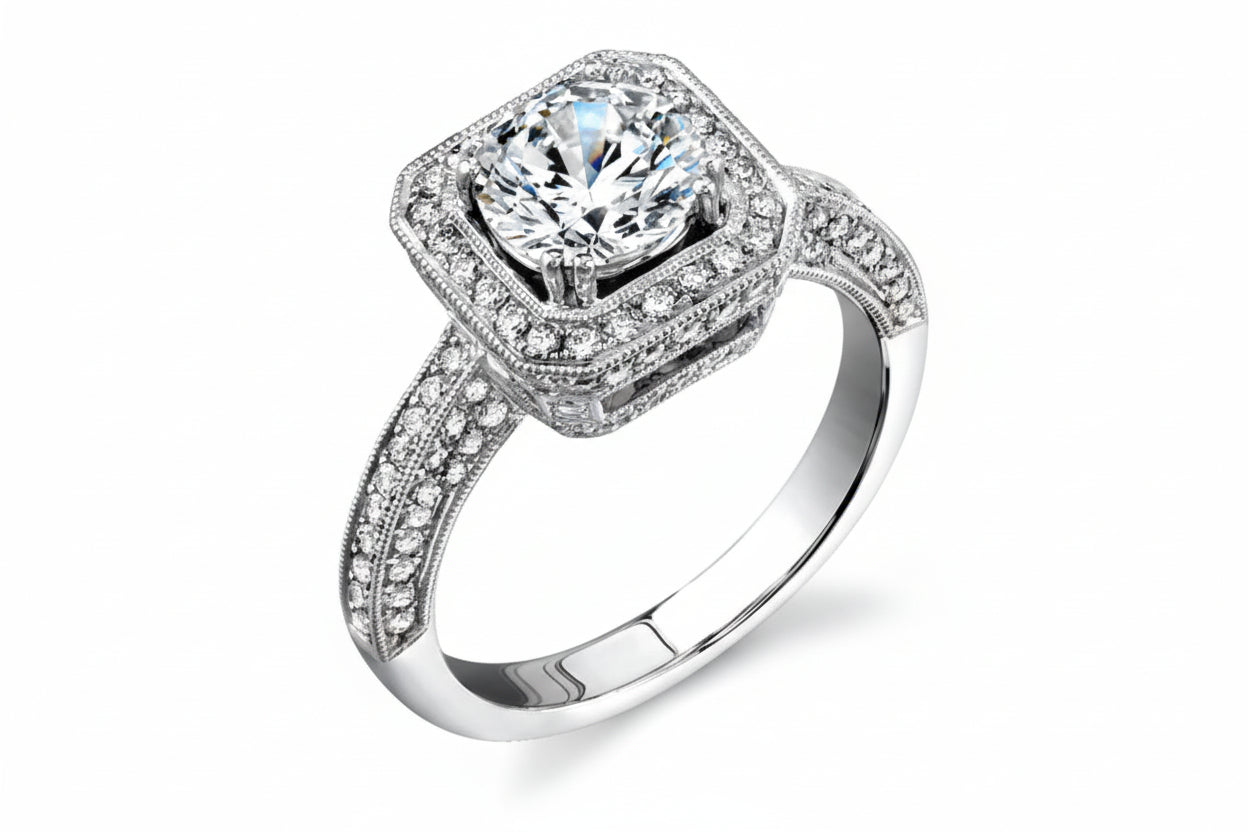 Platinum Diamond Micro-Pave Diamond Halo Engagement Ring by Simon G. Jewelry