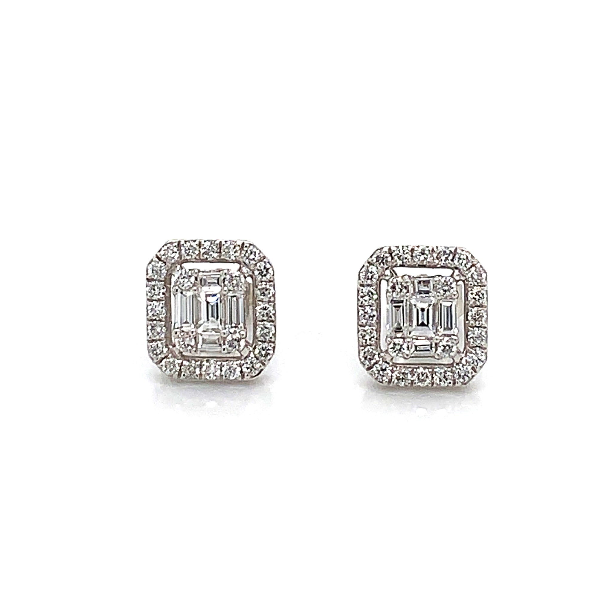 14K White Gold Diamond Cluster Emerald Shape Halo Stud Earrings