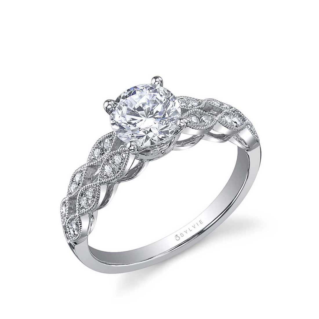 Sylvie 18K White Gold "Cheyanne" Diamond Engagement Ring with Double Row Shank