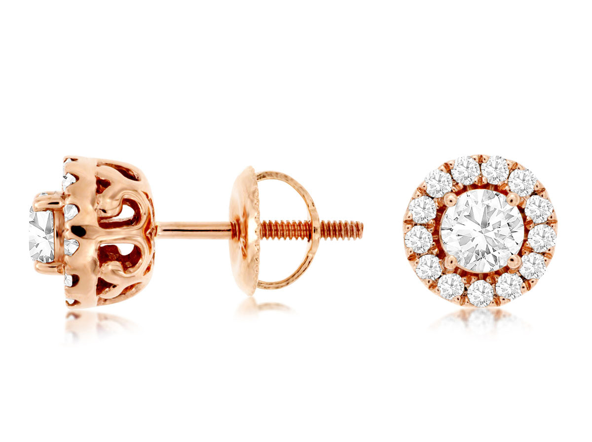 14K Rose Gold Diamond Halo Stud Earrings