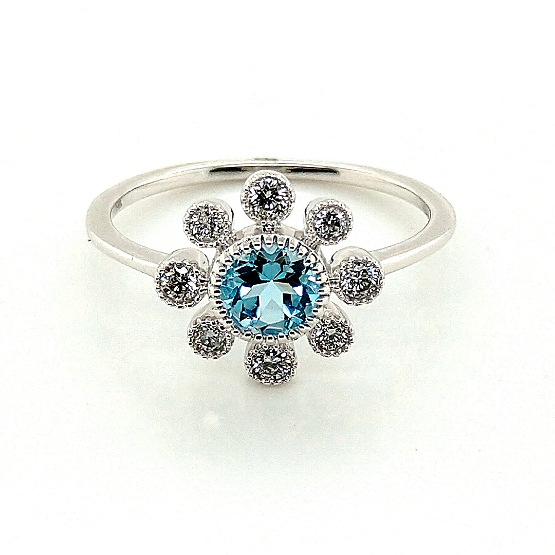 14K White Gold Blue Topaz & Diamond Flower Ring