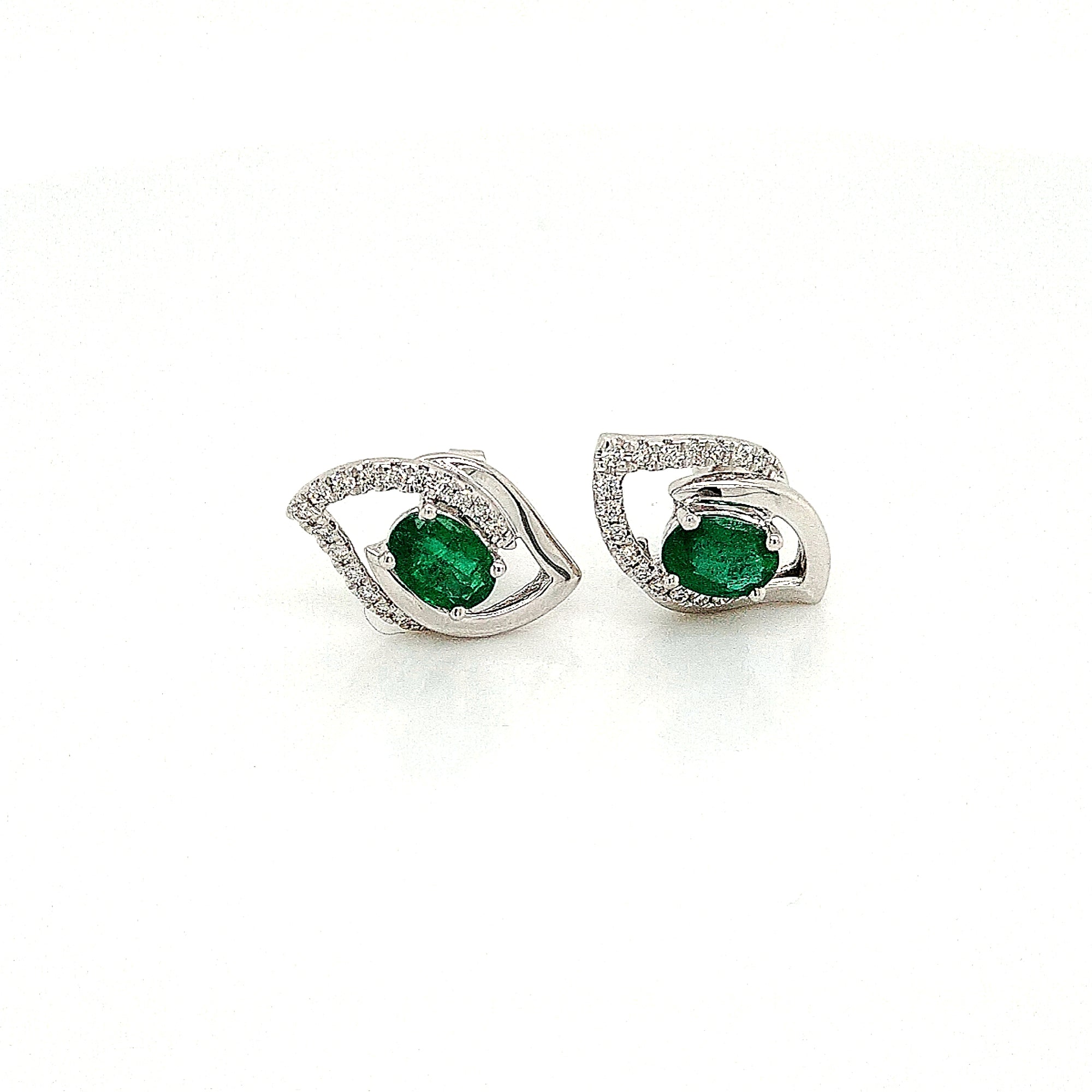 14K White Gold Emerald & Diamond Freeform Stud Earrings