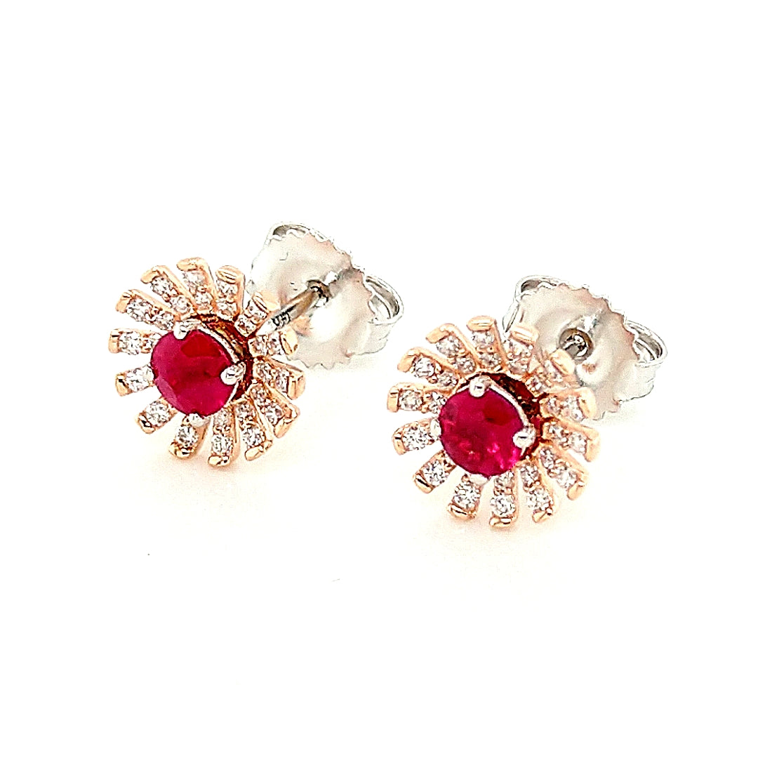 14K Rose & White Gold Ruby & Diamond Starburst Stud Earrings