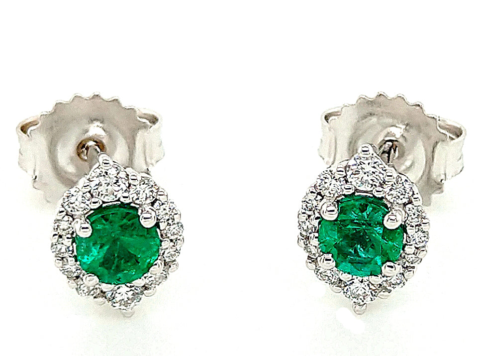 14K White Gold Emerald Stud Earrings with Diamond Halo