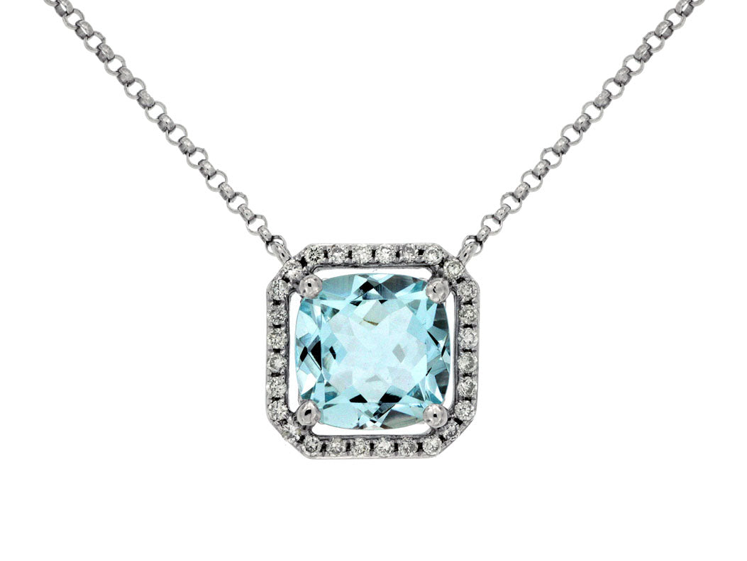 14K White Gold Aquamarine & Diamond Halo Necklace