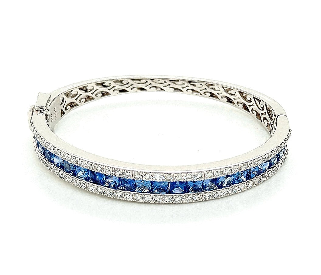 14K White Gold Blue Sapphire & Diamond Bangle Bracelet