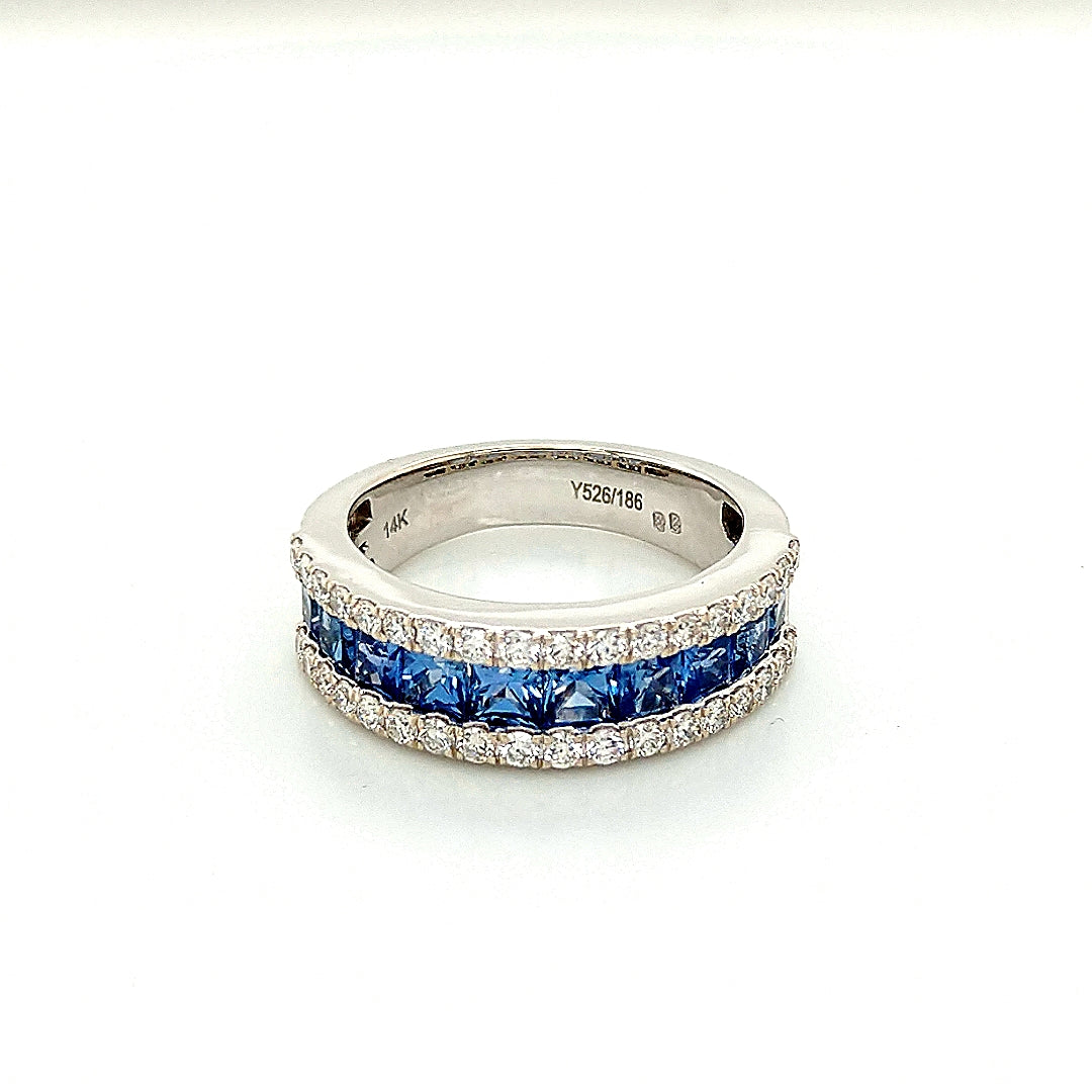14K White Gold Blue Sapphire & Diamond Wide Band Ring