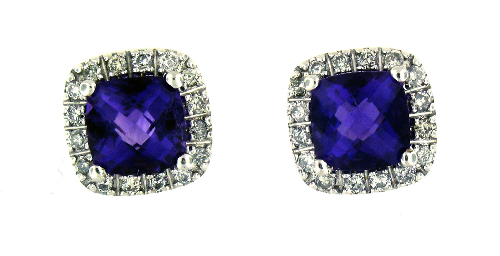 14K White Gold Amethyst & Diamond Halo Cushion Stud Earrings