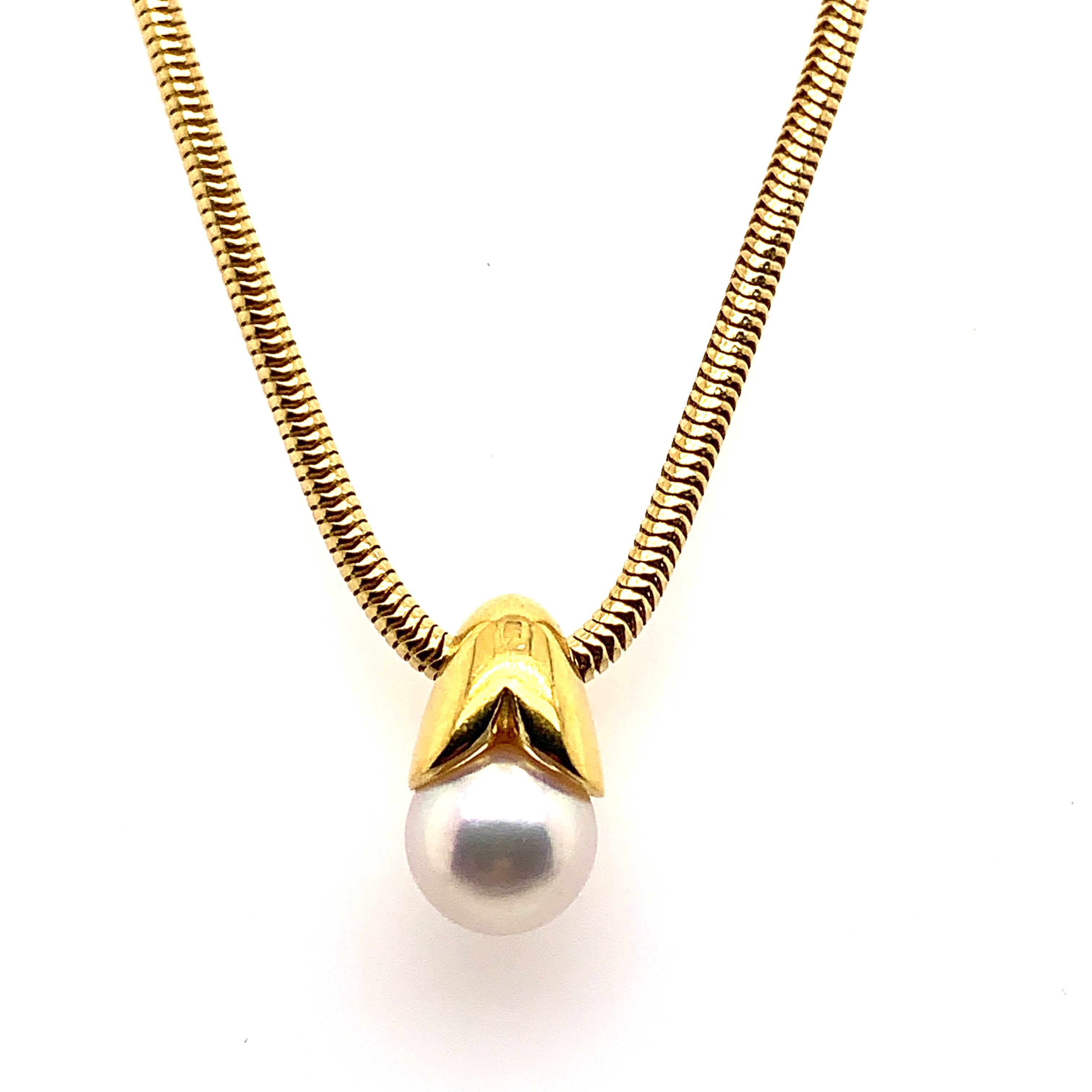 18K Yellow Gold Pearl Slide Pendant on Snake Chain