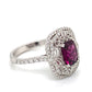 14K White Gold Cushion Cut Rhodolite Garnet & Double Row Diamond Halo Filigree Ring