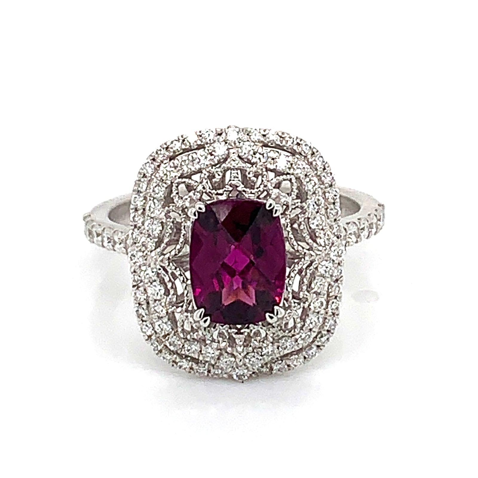 14K White Gold Cushion Cut Rhodolite Garnet & Double Row Diamond Halo Filigree Ring