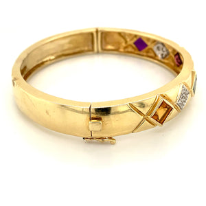 14K Yellow Gold Multi-Gemstone & Diamond Bangle Bracelet