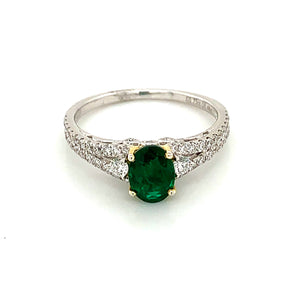 18K White Gold Oval Emerald & Diamond Ring