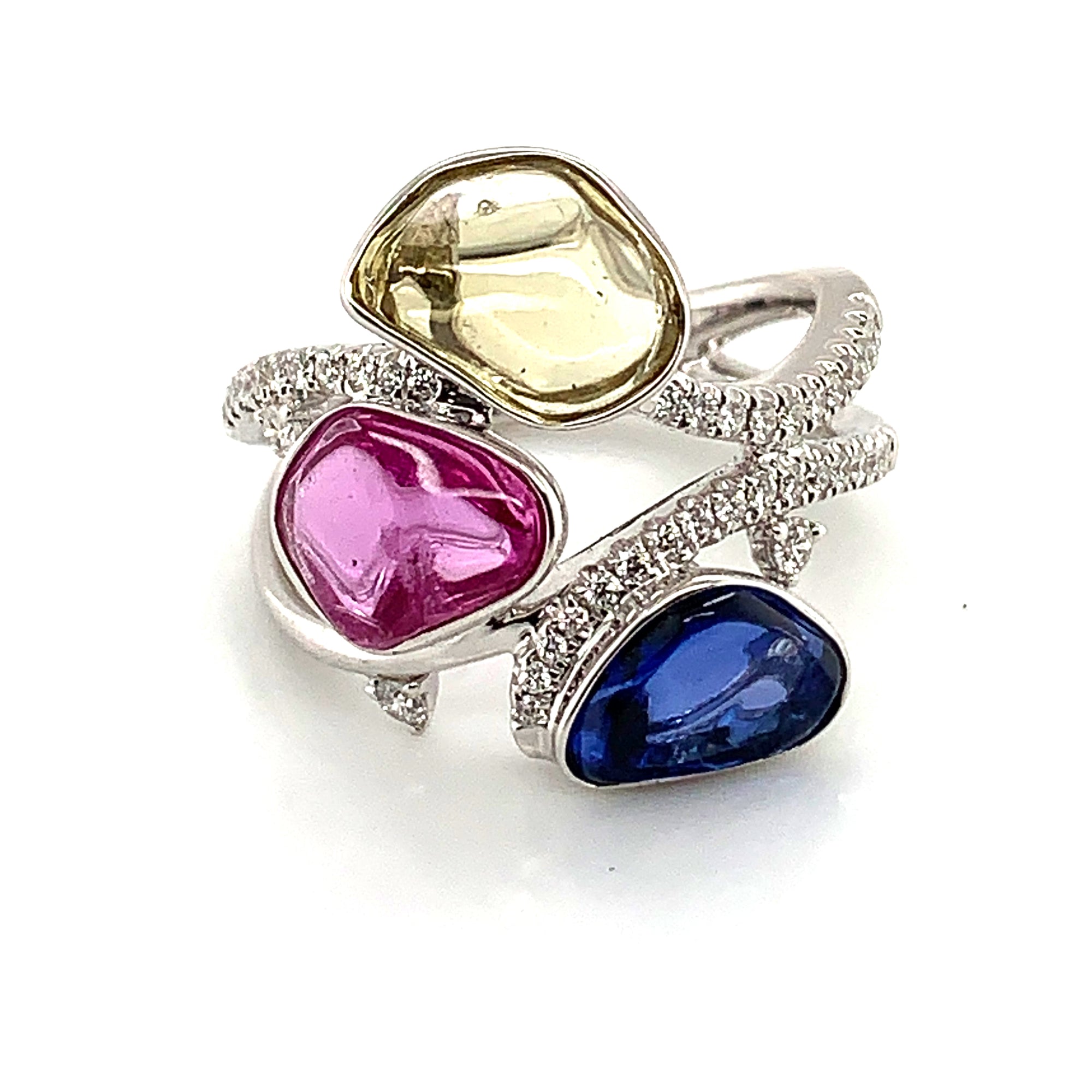 18K White Gold Multi-Color Sapphire & Diamond Artisan Ring
