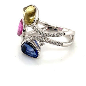 18K White Gold Multi-Color Sapphire & Diamond Artisan Ring