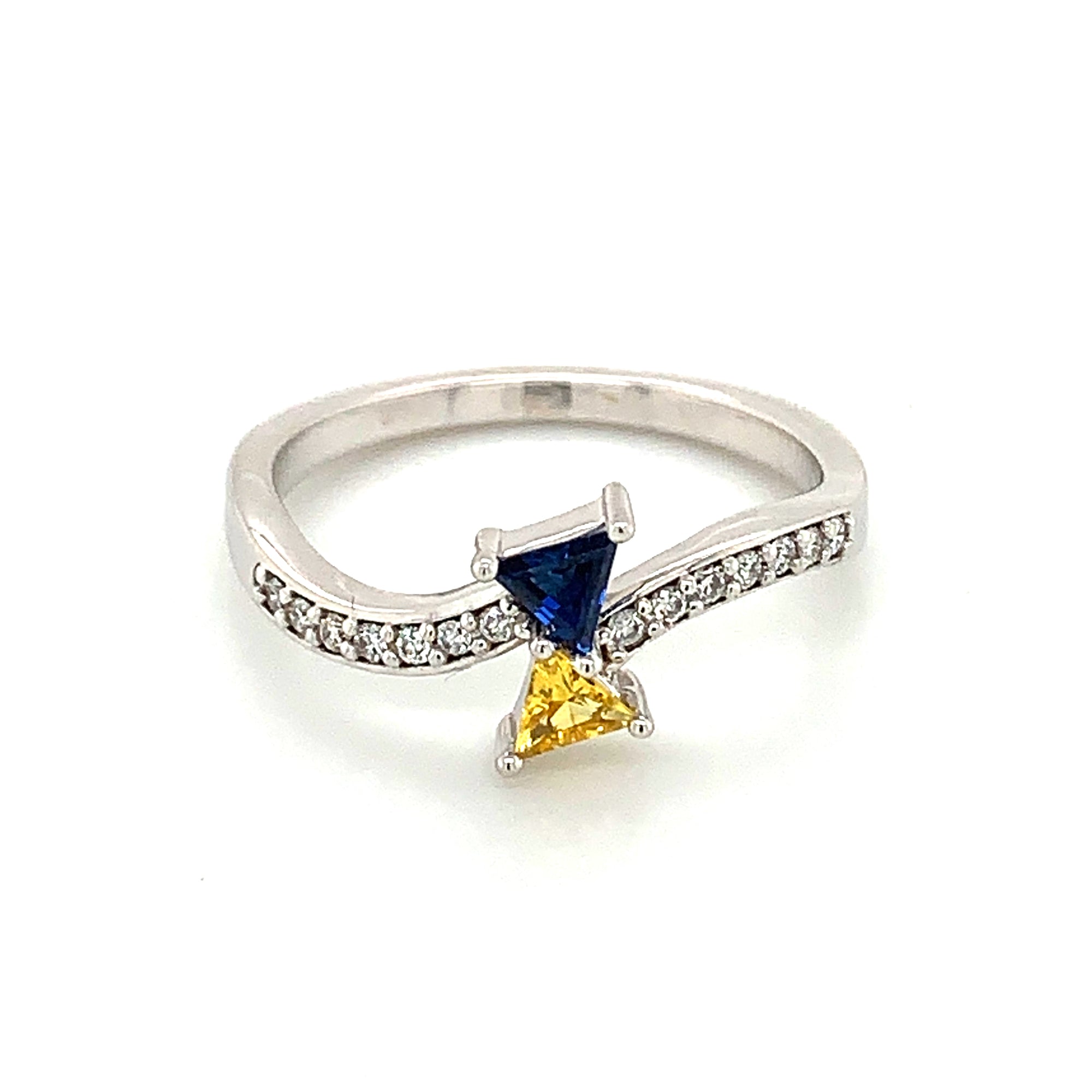 14K White Gold Triangle Cut Blue & Yellow Sapphire Ring with Diamond Accents