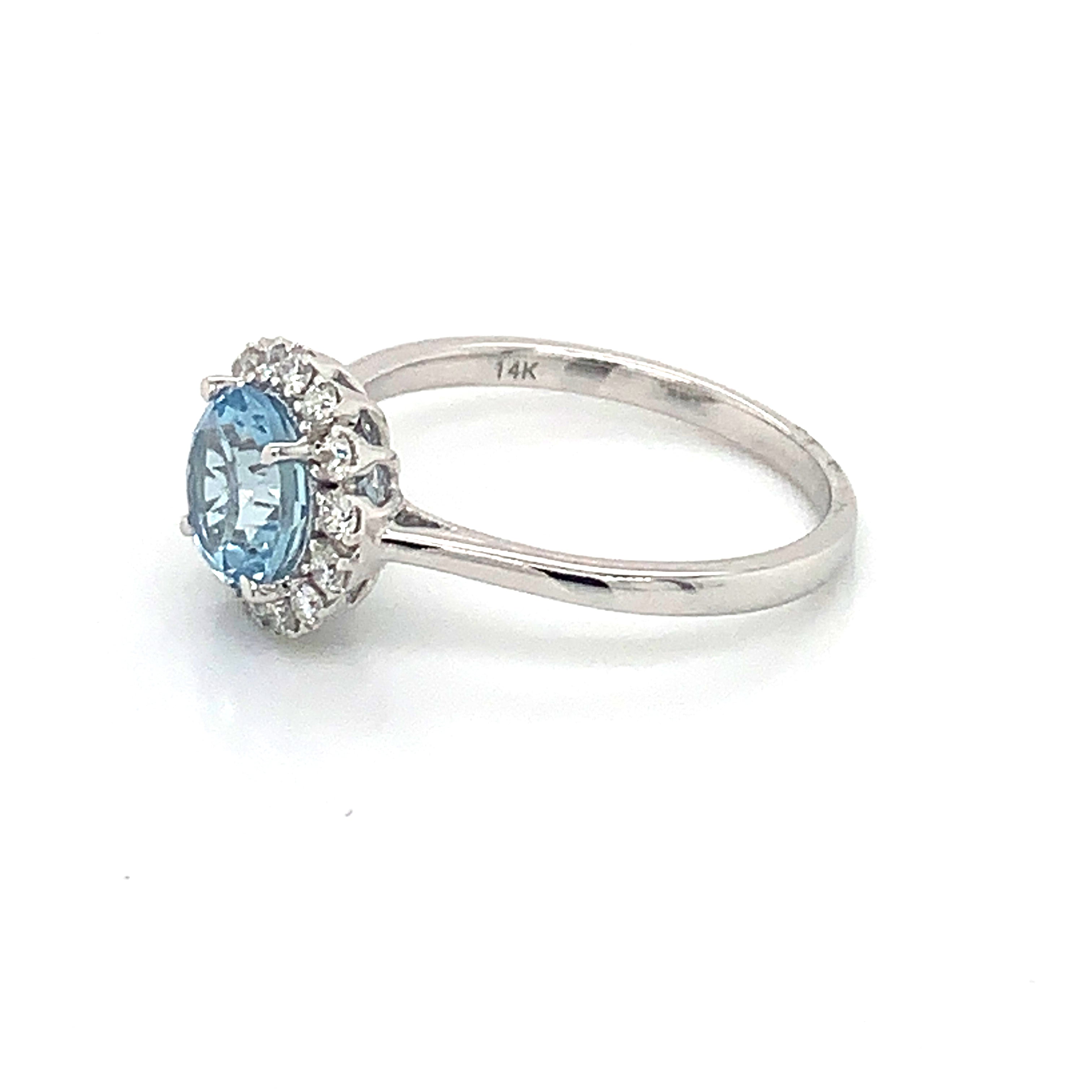 14K White Gold Aquamarine & Diamond Halo Round Ring