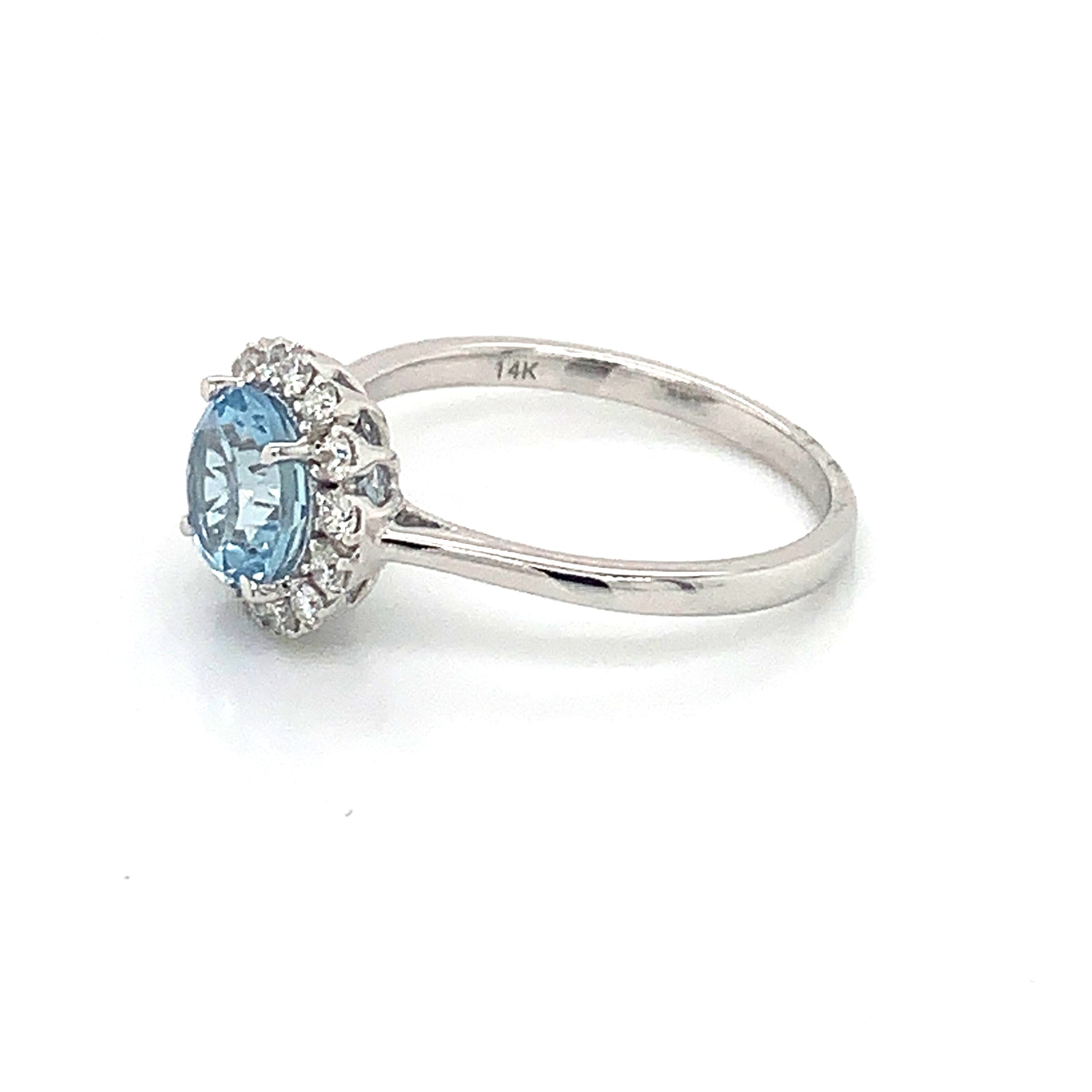 14K White Gold Aquamarine & Diamond Halo Round Ring