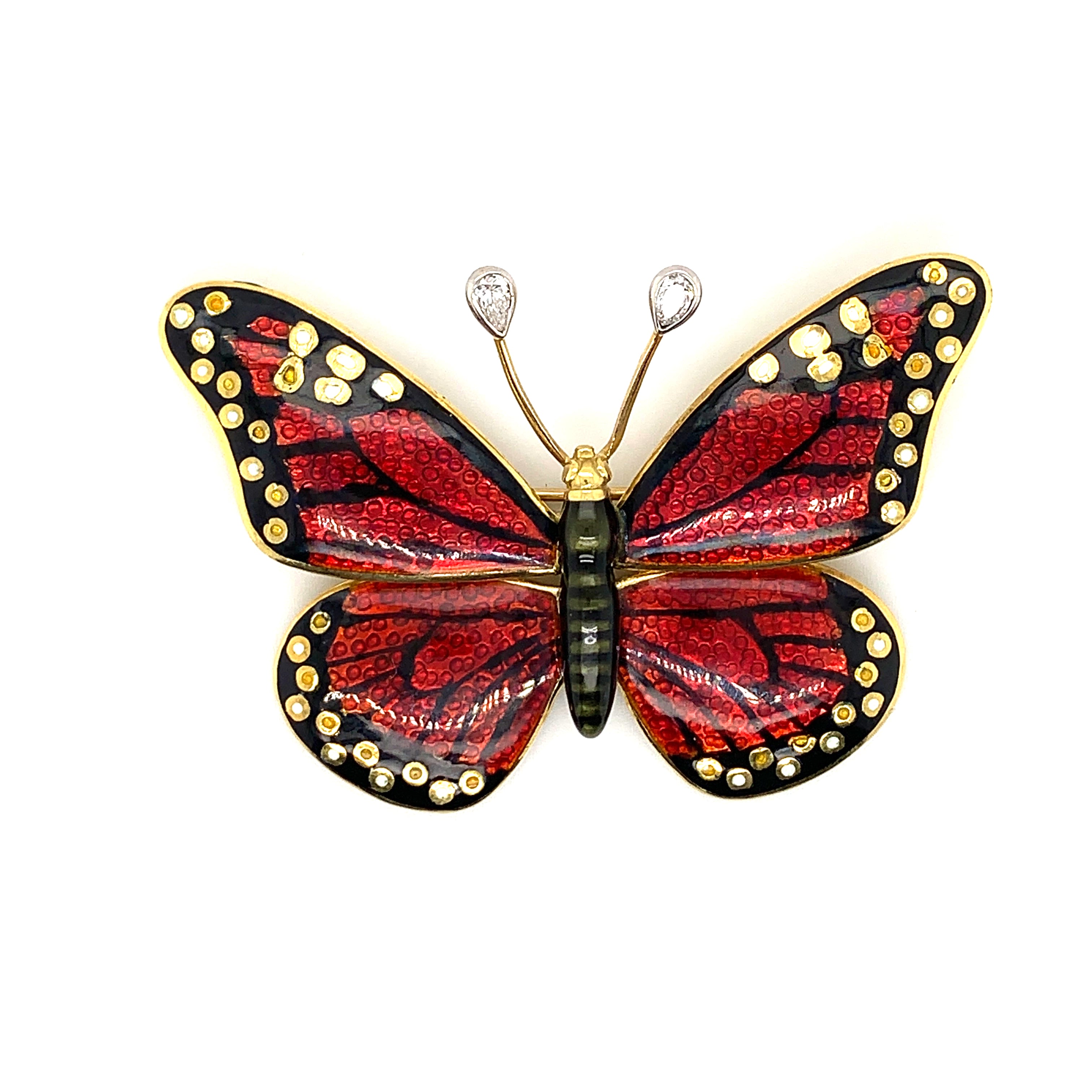 18K Yellow Gold Red Enamel Butterfly Brooch/Pin with Pear Cut