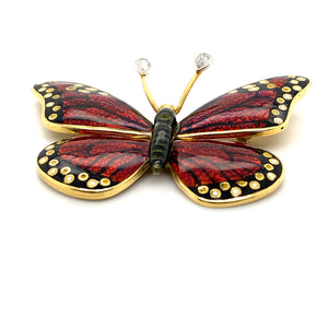 18K Yellow Gold Red Enamel Butterfly Brooch/Pin with Pear Cut Diamond Antennas