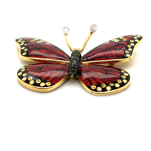 18K Yellow Gold Red Enamel Butterfly Brooch/Pin with Pear Cut