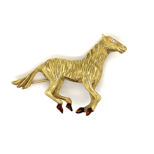 18K Yellow Gold Horse Brooch with Enamel Feet & Diamond Eye Accent