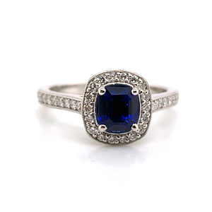 14K White Gold Custom Made Fine Royal Blue Sapphire & Diamond Ring