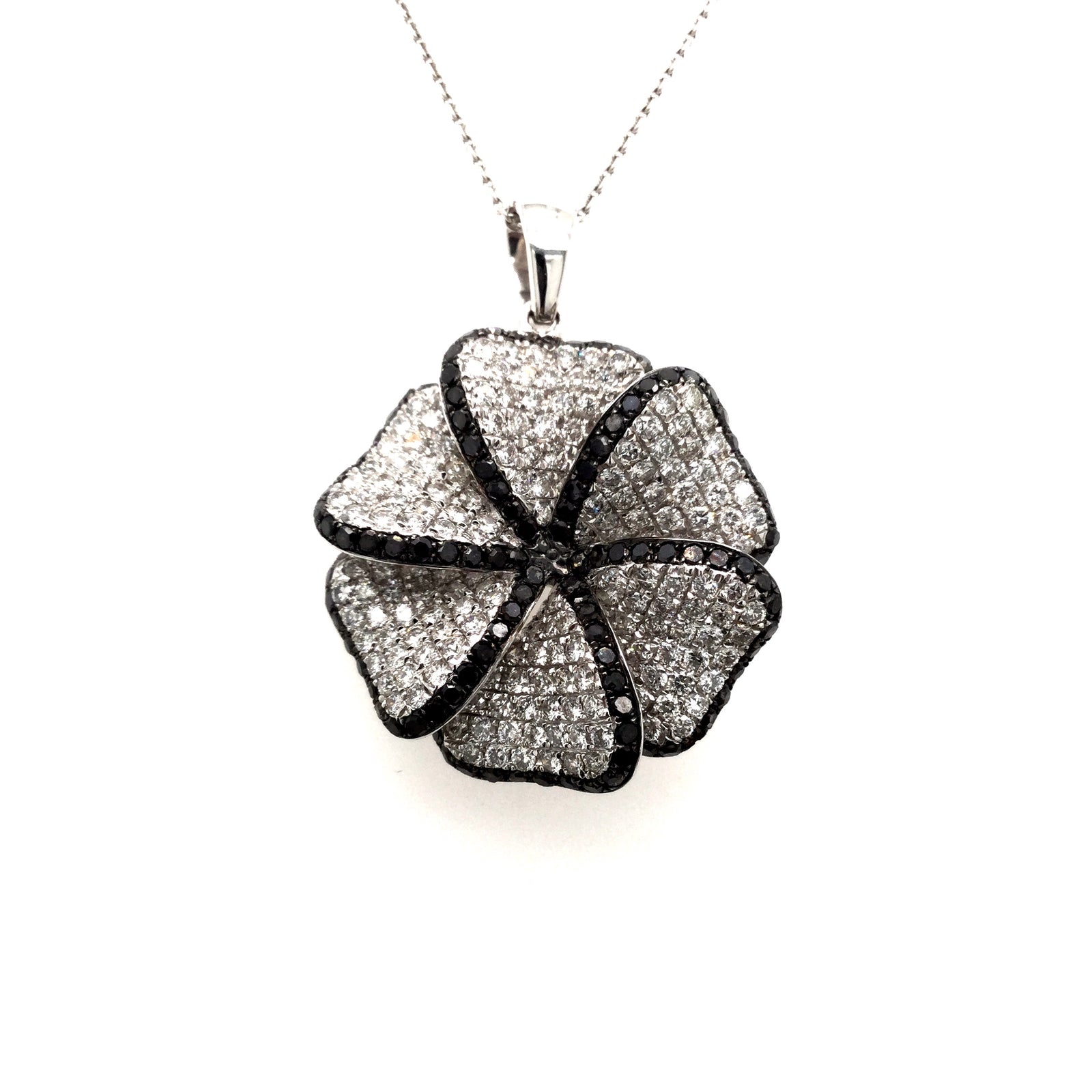 Lady's White 14 Karat Flower Pendant With White and Black Diamond 2.65 Total Diamond Weight