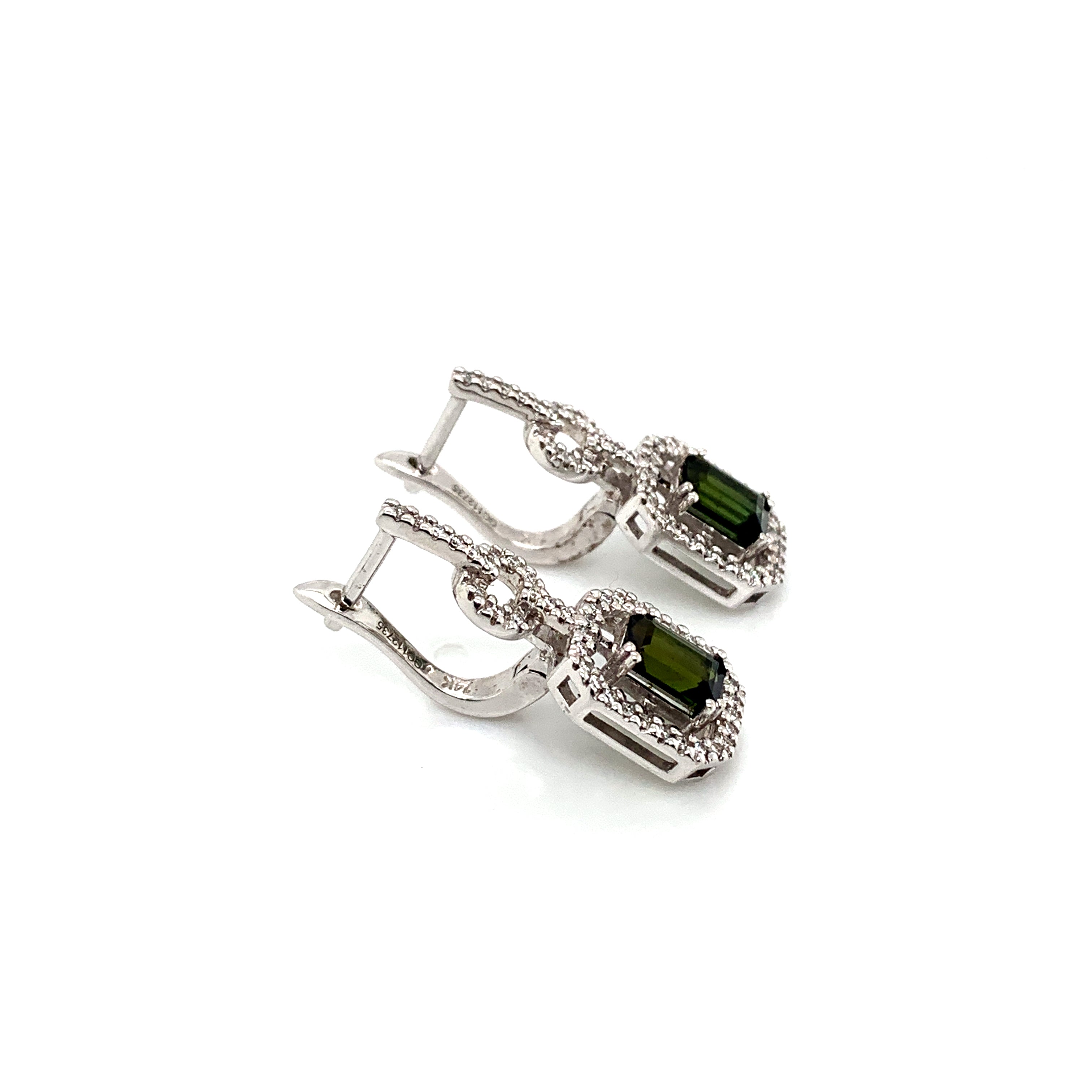 14K White Gold Green Tourmaline & Diamond Halo Earrings