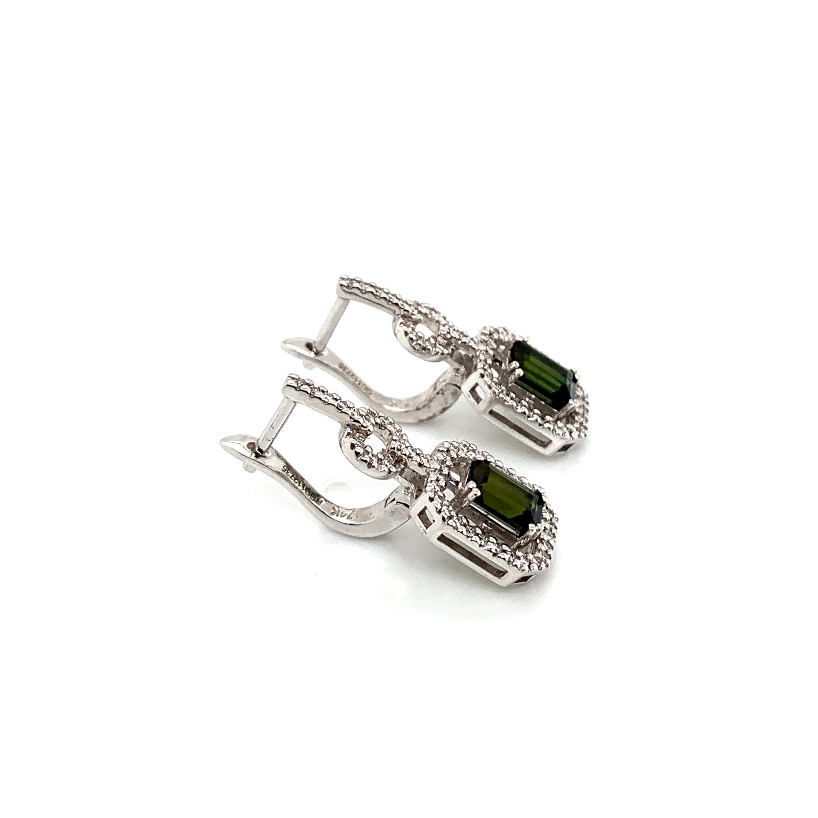 14K White Gold Green Tourmaline & Diamond Halo Earrings