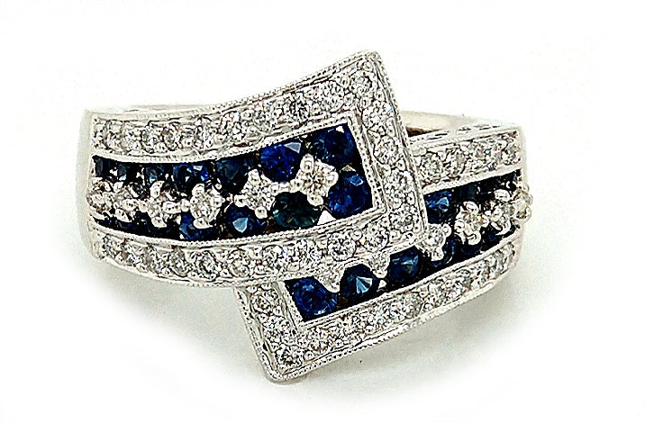 14K White Gold Sapphire & Diamond Bypass Fashion Ring