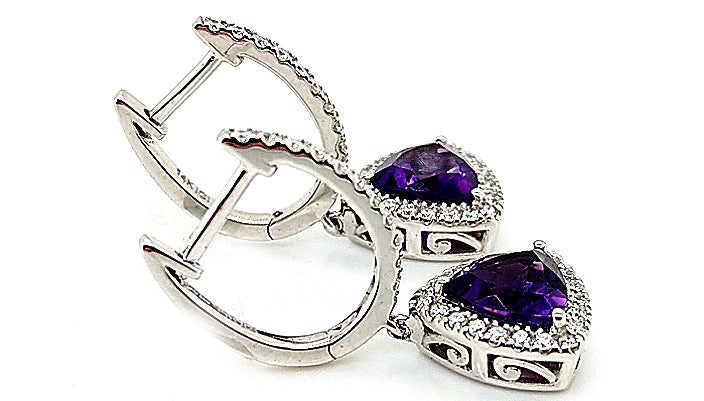 14K White Gold Amethyst Trillian & Diamond Dangle Earrings