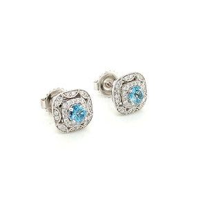 14K White Gold Aquamarine & Diamond Halo Stud Earrings