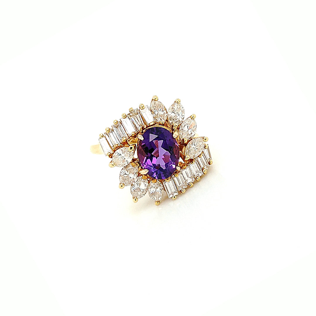 14K Yellow Gold Amethyst & Diamond Cocktail Ring