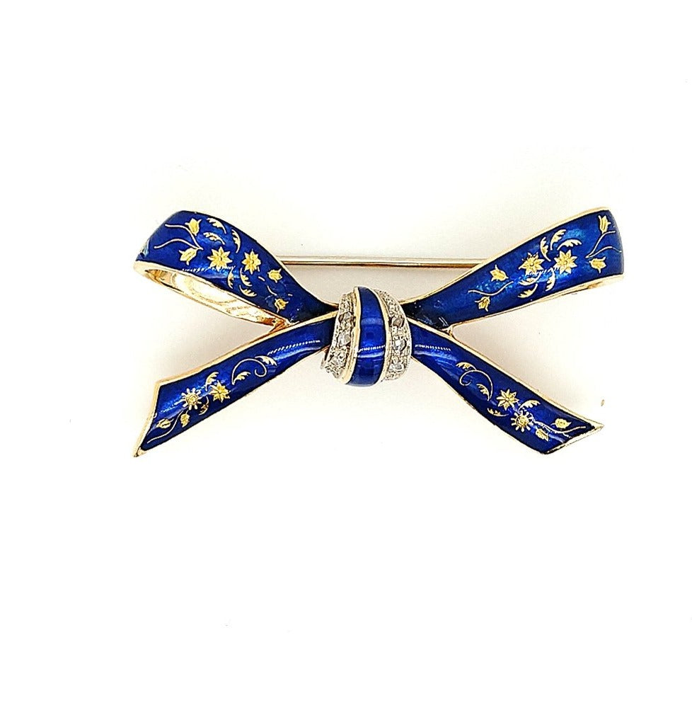 18K Yellow Gold Vintage Blue Enamel Ribbon Pin/Brooch