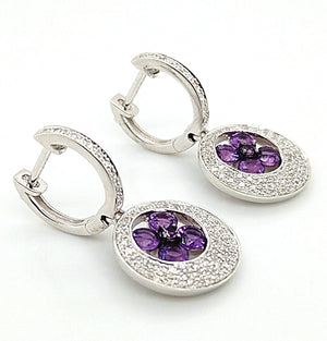 14K White Gold Diamond Halo Earring With Amethysts