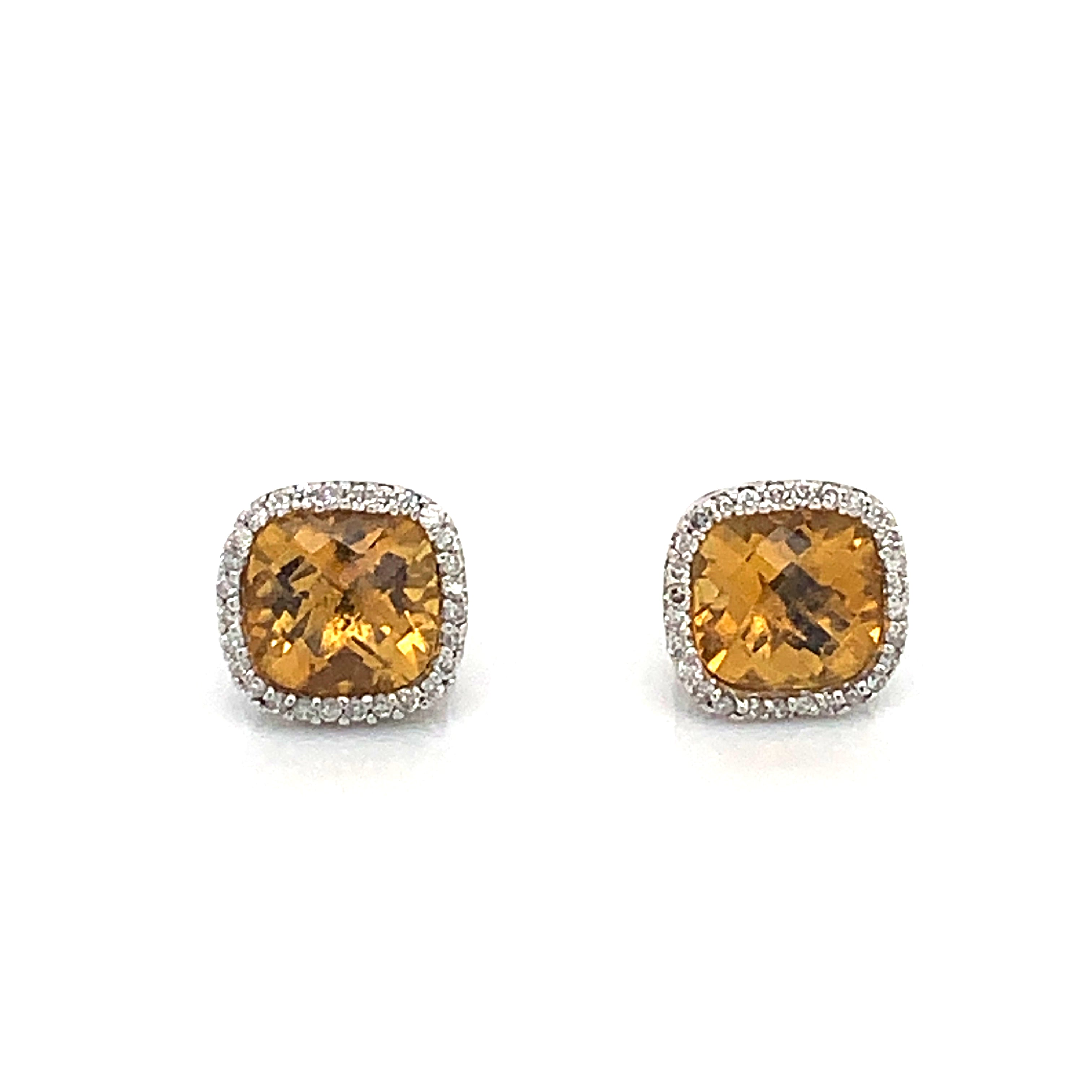 14K White Gold Citrine & Diamond Stud Halo Earrings