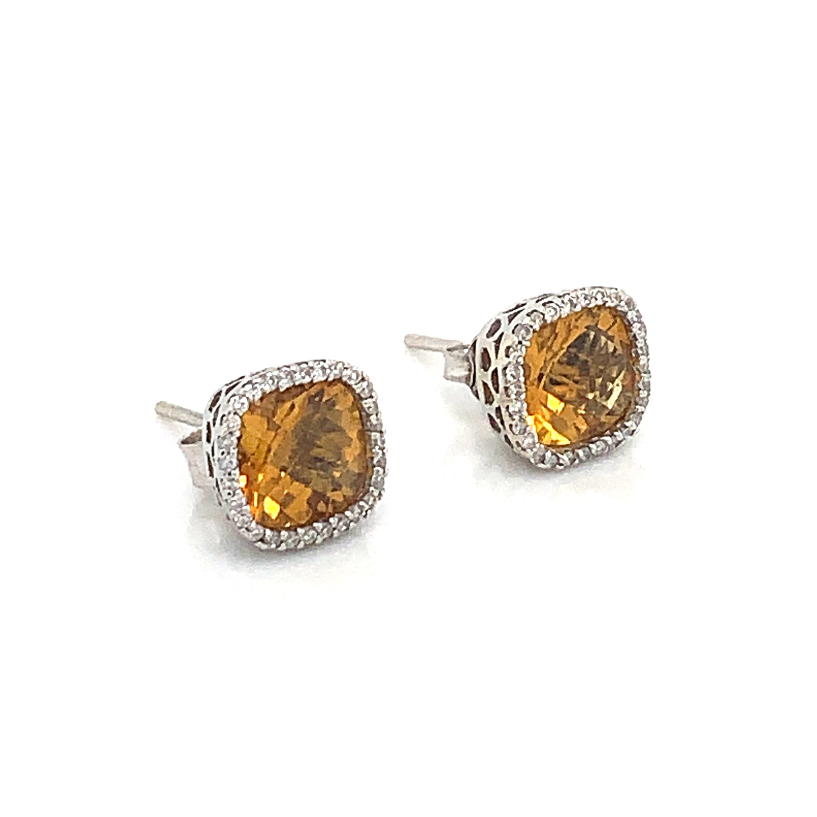 14K White Gold Citrine & Diamond Stud Halo Earrings