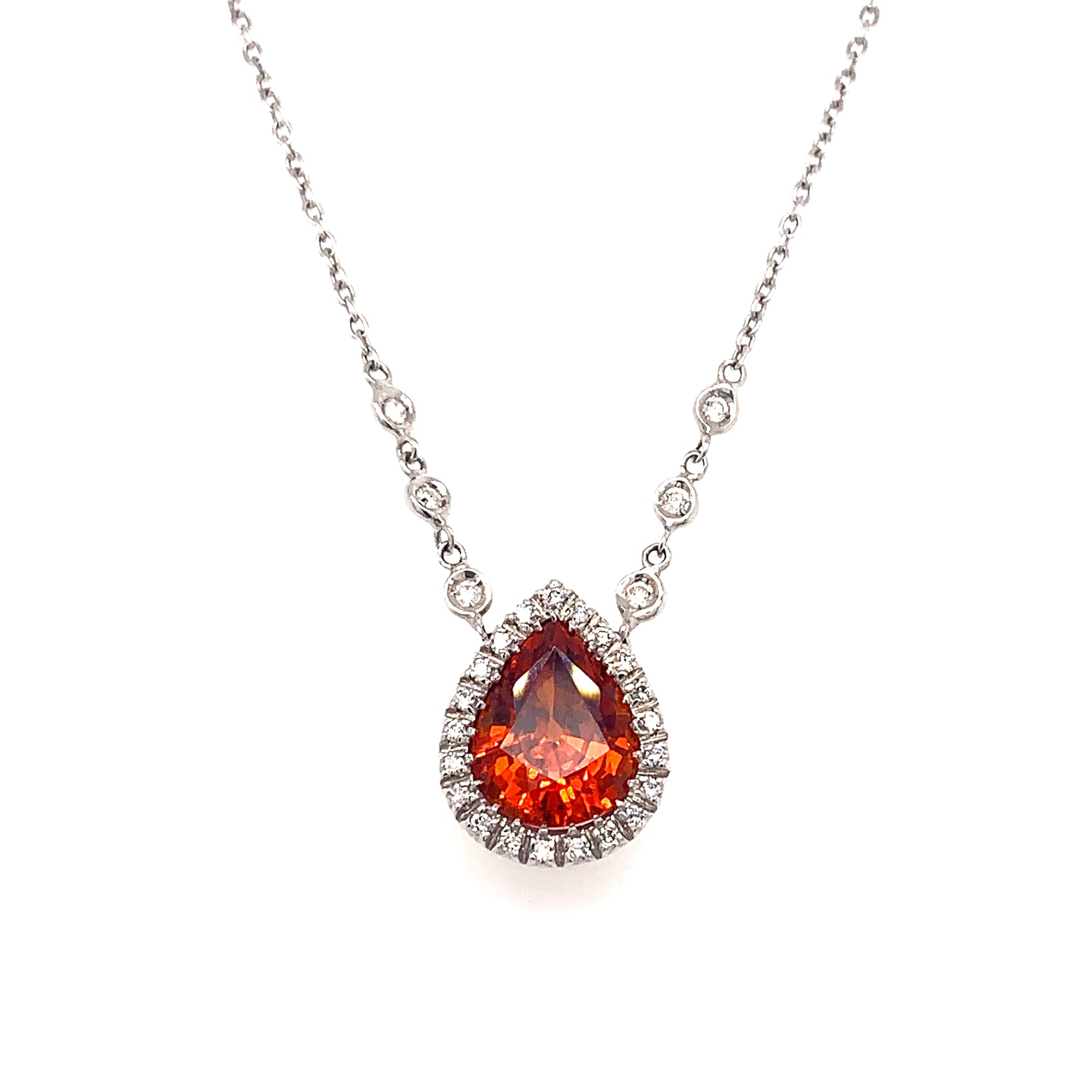 18k White Gold Pear Orange Zircon & Diamond Necklace