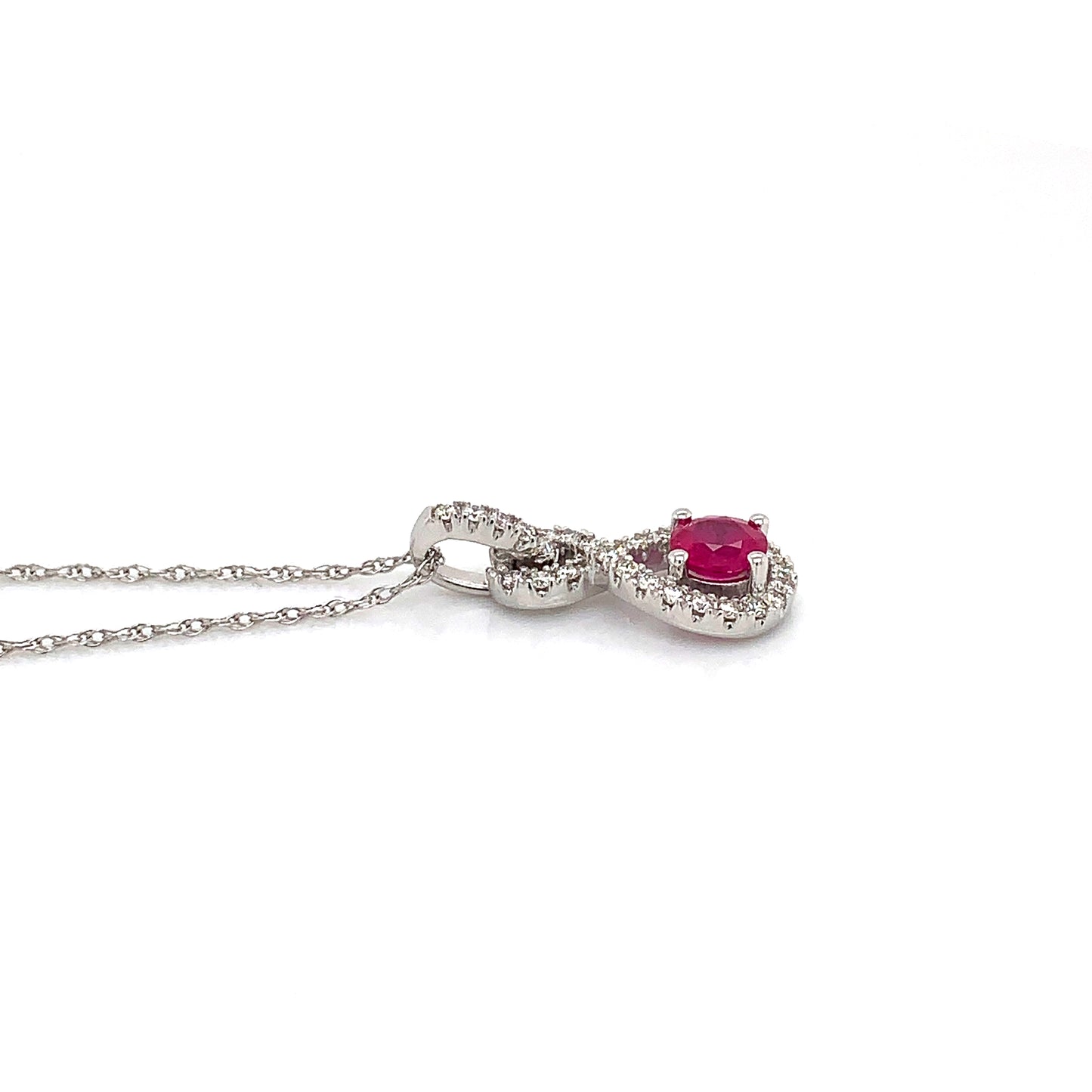 14K White Gold Ruby & Diamond Halo Necklace