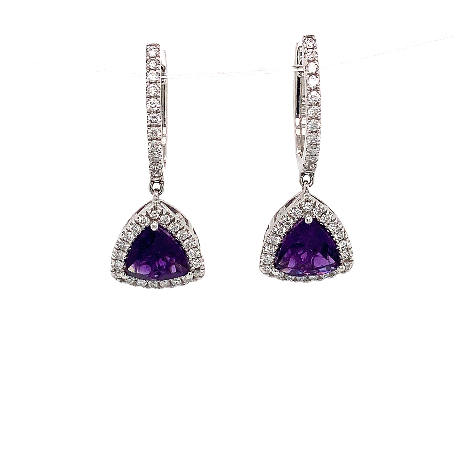 14K White Gold Amethyst Trillian & Diamond Dangle Earrings