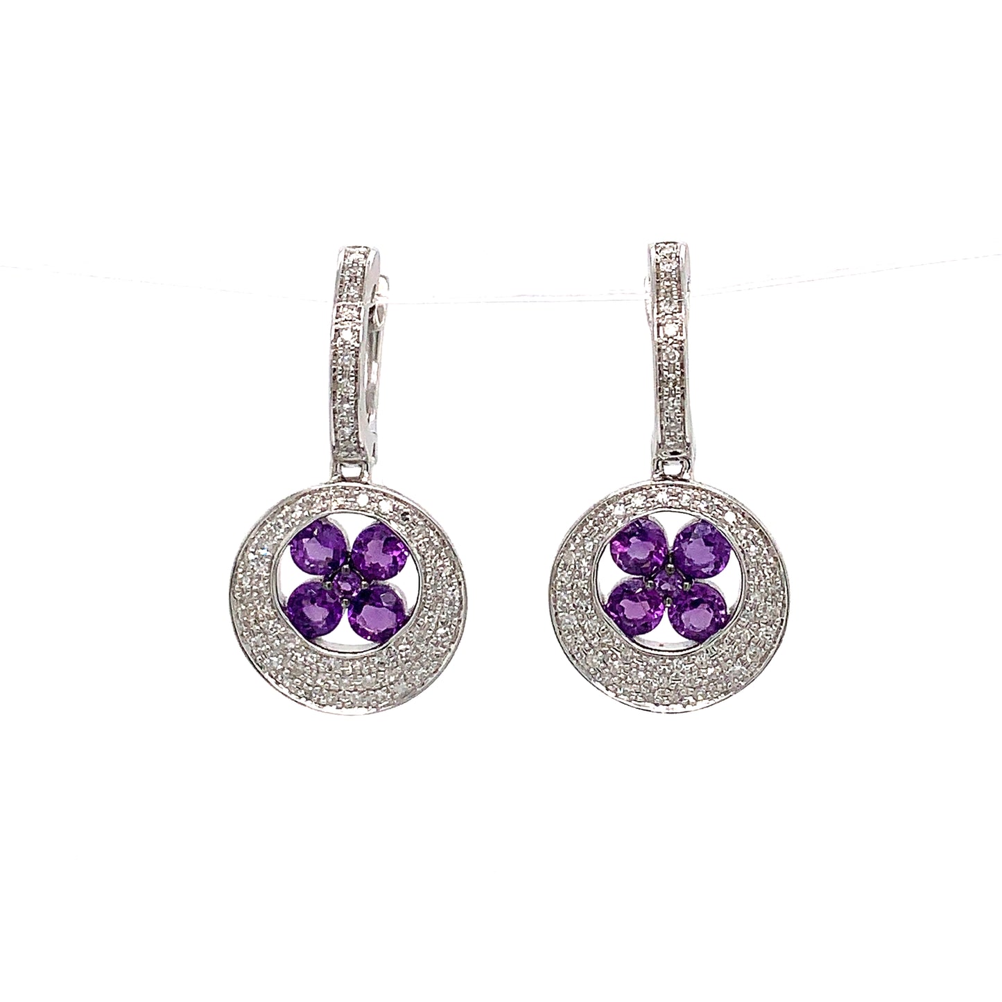 14K White Gold Diamond Halo Earring With Amethysts