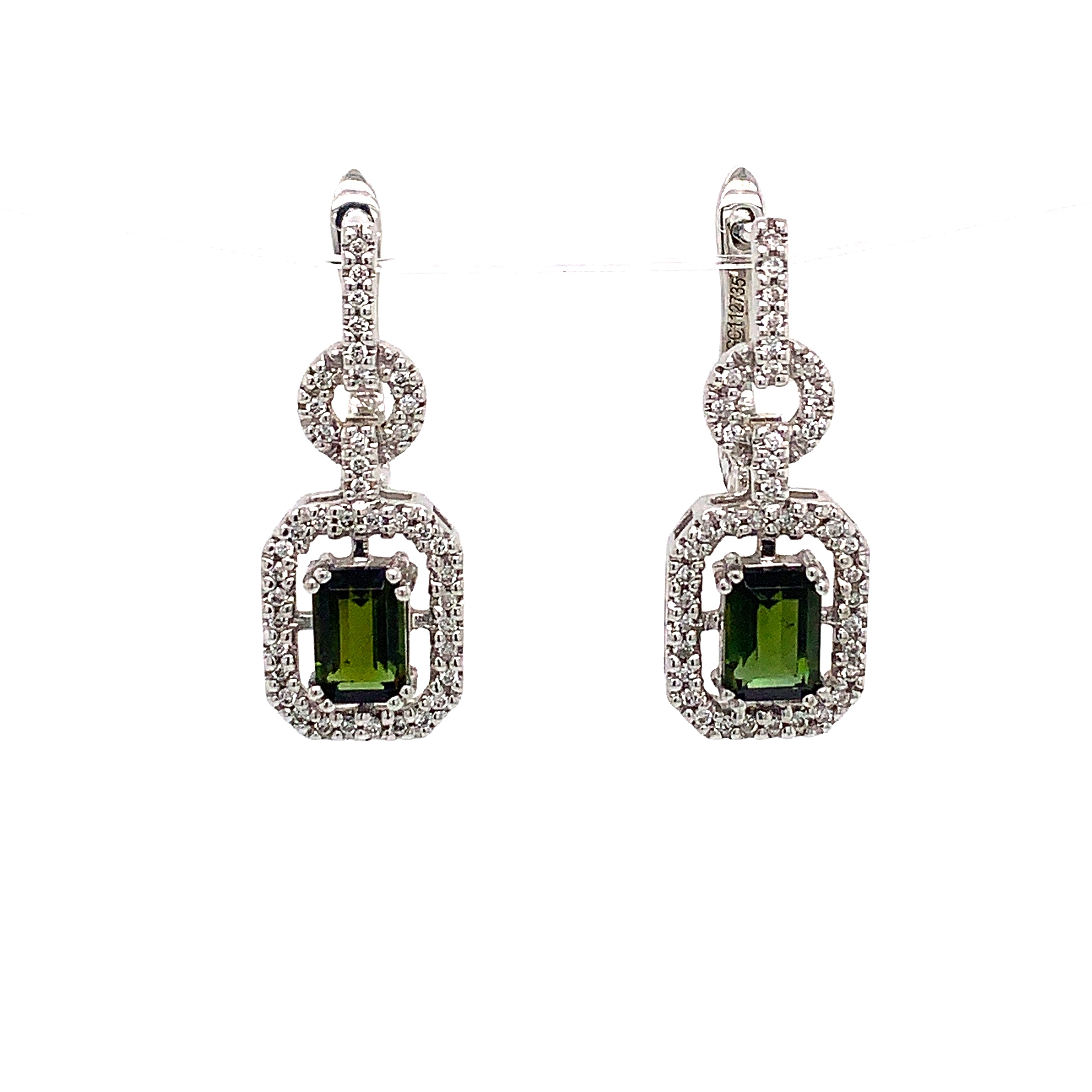 14K White Gold Green Tourmaline & Diamond Halo Earrings