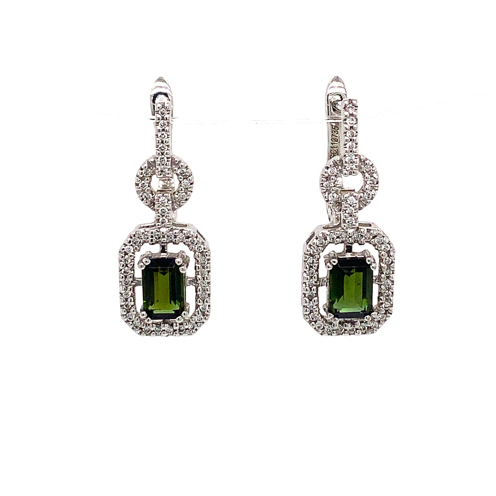 14K White Gold Green Tourmaline & Diamond Halo Earrings
