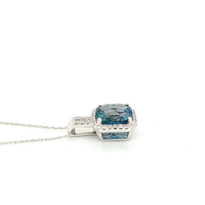 14K White Gold London Blue Topaz And Diamond Halo Necklace