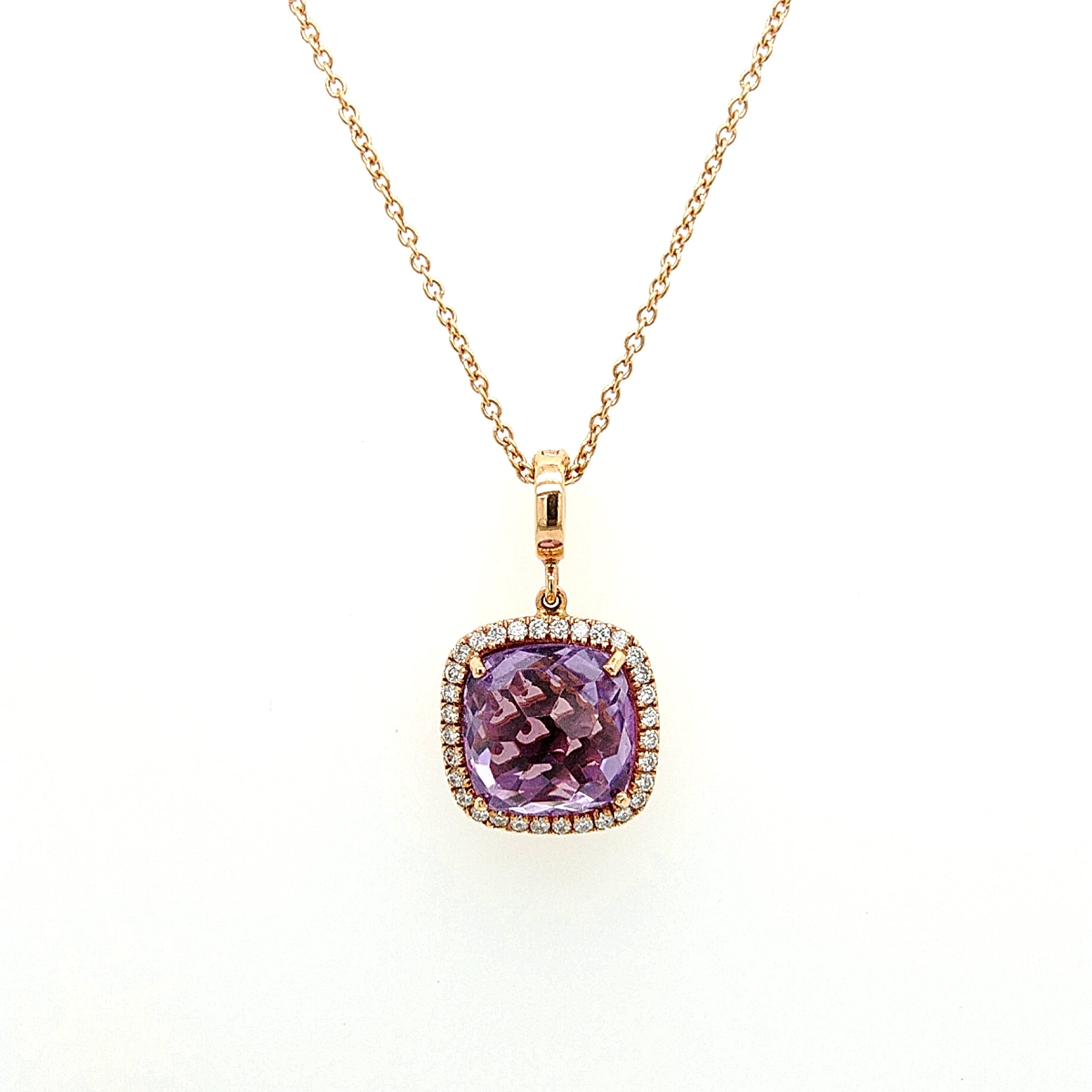18K Rose Gold Lavender Amethyst Checkerboard Cushion And Diamond Halo Necklace