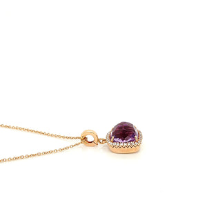 18K Rose Gold Lavender Amethyst Checkerboard Cushion And Diamond Halo Necklace